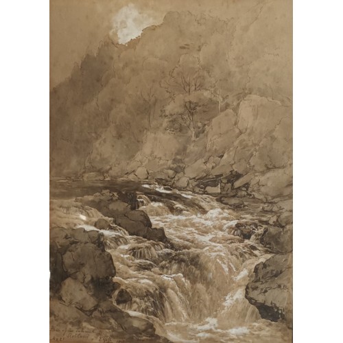 190 - Mix media using watercolour, pen and pastel. 
The Falls of the Tummel, Scotland. Signed E.Gill 1876
... 