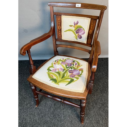 410 - Edwardian arm chair, the back designed with embroidery above an embroidered seat and open arm suppor... 