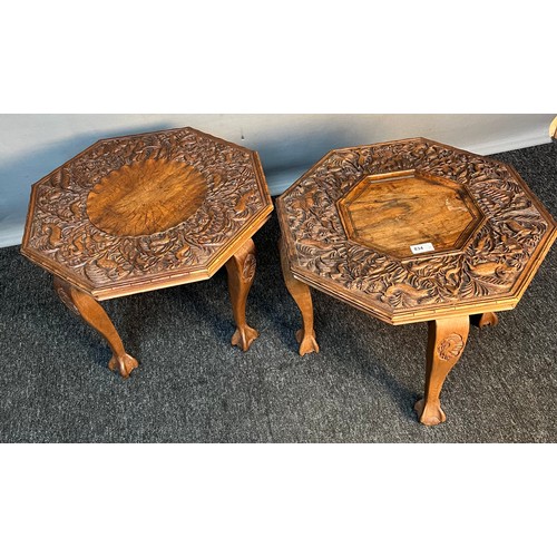 450 - Two highly carved Indian style side tables, the octagonal top raised by shaped legs ending in claw f... 