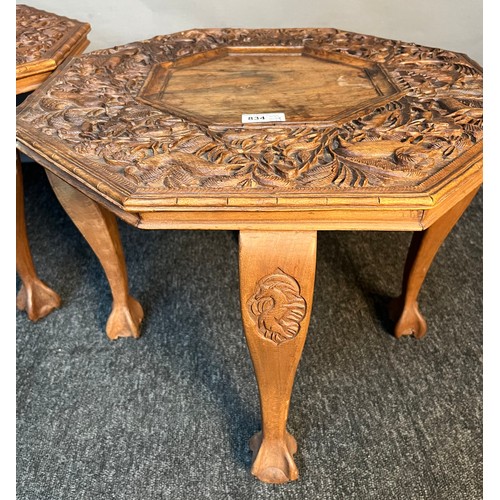 450 - Two highly carved Indian style side tables, the octagonal top raised by shaped legs ending in claw f... 