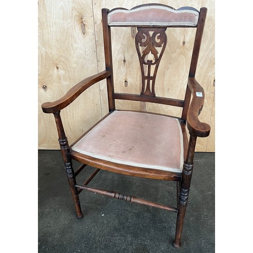 405 - Edwardian bedroom chair, the shaped back above central carved and pierced stretcher and open arms, r... 