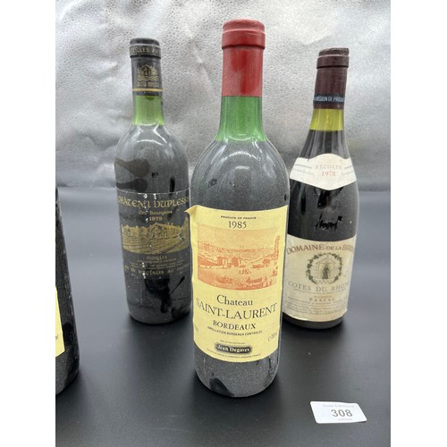 225 - Six Bottlings of Wine. Three bottles of 1985 Chateau Saint- Laurent Bordeaux, 1982 Domaine D' Ormess... 