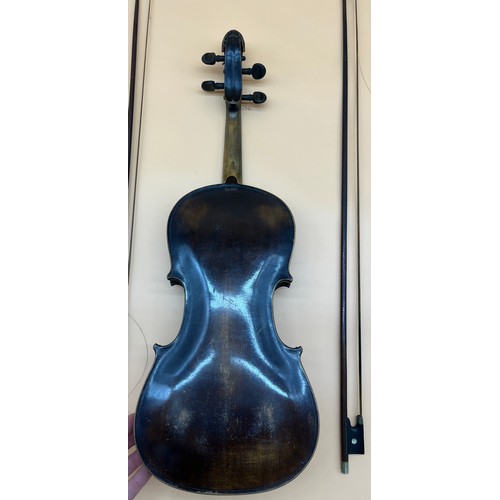 256 - Antique Violin and two bows, Violin label shows Jacobus Stainer. Impressed 'Stainer' to back of neck... 