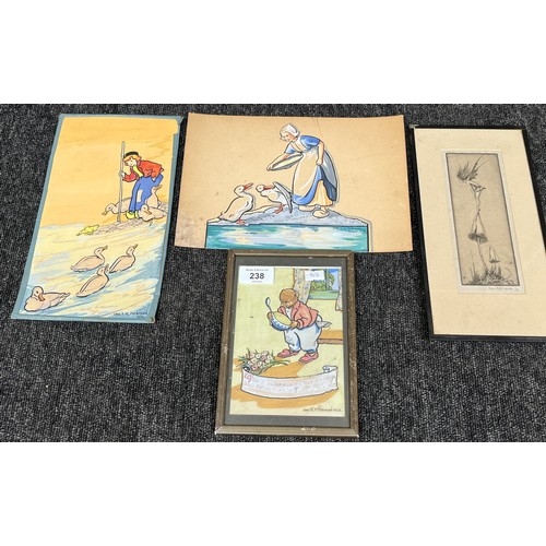 238 - A lot of four Original art works by Cora E. M. Paterson. Includes Fairing etching. Dated 1938.