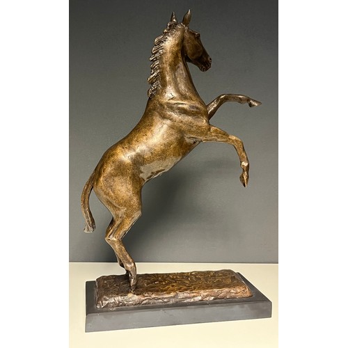 102 - Bronze sculpture of a horse rearing. Fitted upon a black slate base. [37cm high]