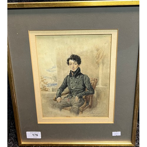 176 - Early 19th century watercolour portrait of a seated gentleman. Signed to the bottom right corner. [F... 