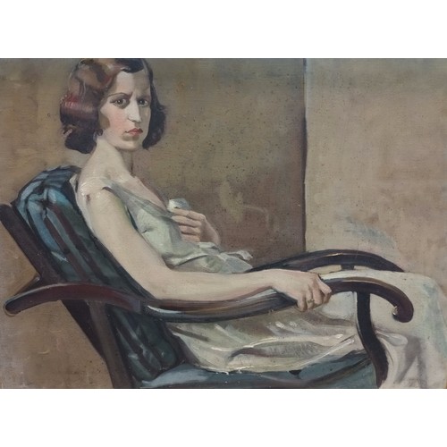 153 - Oil on canvas depicting portrait of a women in a lounge chair. On the reverse side is a life paintin... 