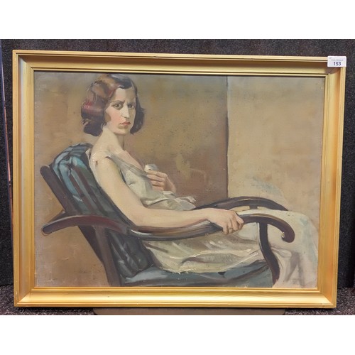 153 - Oil on canvas depicting portrait of a women in a lounge chair. On the reverse side is a life paintin... 