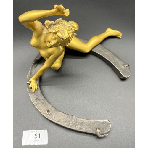 51 - Art Nouveau Nude lady gilt bronze on horseshoe hammering a nail, signed Recipon. The bronze is inscr... 