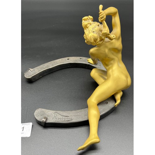 51 - Art Nouveau Nude lady gilt bronze on horseshoe hammering a nail, signed Recipon. The bronze is inscr... 