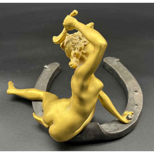 51 - Art Nouveau Nude lady gilt bronze on horseshoe hammering a nail, signed Recipon. The bronze is inscr... 