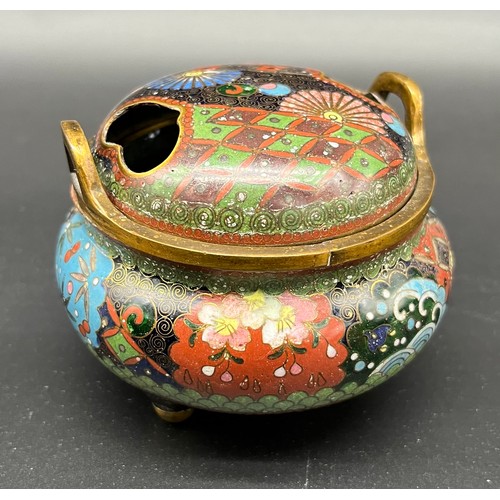 54 - A Japanese Meiji Period [1868-1912] Closionne enamel censor lidded pot. [7x8.5x8.5cm]