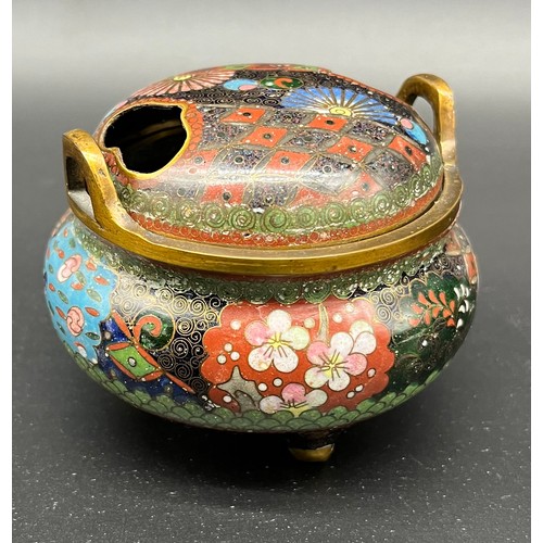 54 - A Japanese Meiji Period [1868-1912] Closionne enamel censor lidded pot. [7x8.5x8.5cm]