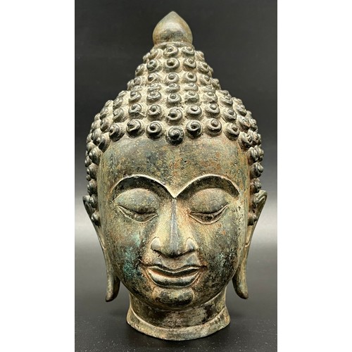 56 - Antique Chinese Monumental Bronze head of Buddha Shakyamuni. Beautiful patina and detail showing. Hi... 