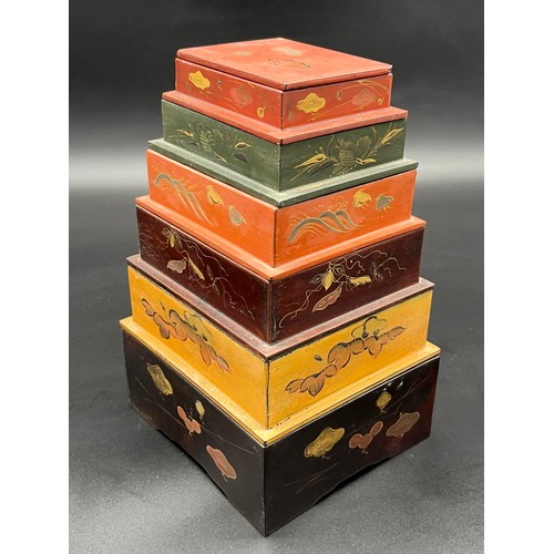 57 - Antique Japanese lacquered and hand painted stacking storage spice box. [23cm high] [Lid been repair... 