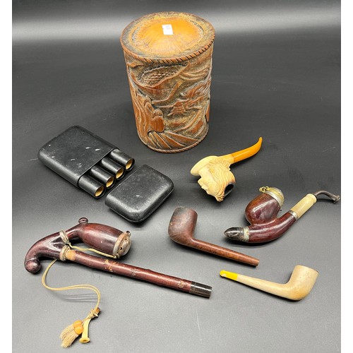 109 - A Selection of tobacconist collectables, Includes Chinese hand carved bamboo tobacco/ tea lidded pot... 