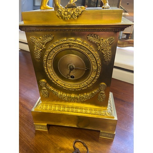 103 - A 19th century gilt brass ormolu mantle clock produced by Villemsens- A. Paris. Fitted with two cher... 