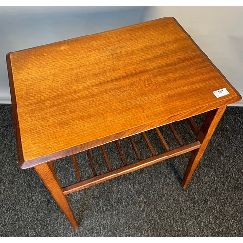 317 - Mid-century side table, the rectangular top above a racked shelf, raised on square tapered legs [67x... 