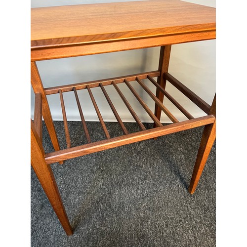 317 - Mid-century side table, the rectangular top above a racked shelf, raised on square tapered legs [67x... 