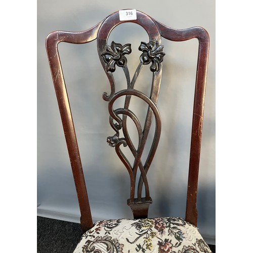 316 - Art Nouveau chair, the shaped back with central moulded foliate splat, above open arm supports and c... 