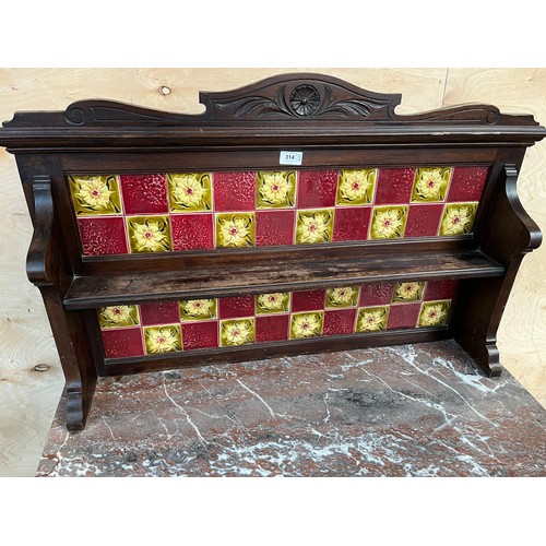 314 - Antique washstand, the art nouveau themed tile back with open shelf above a marble surface, two draw... 