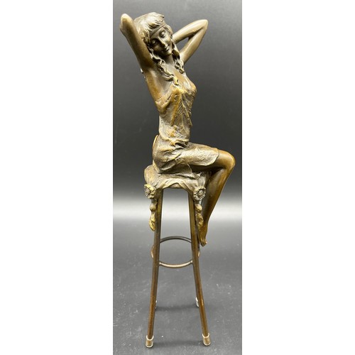 226 - Bronze Statue of an Art Nouveau lady figure seated on a stool. Signed Pierre Collinet. [27.5cm high]