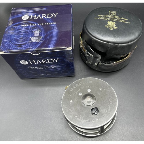 129 - Hardy Bros. 'Marquis' Salmon No.2. Fly reel, line and pouch, Comes with box- not original box.