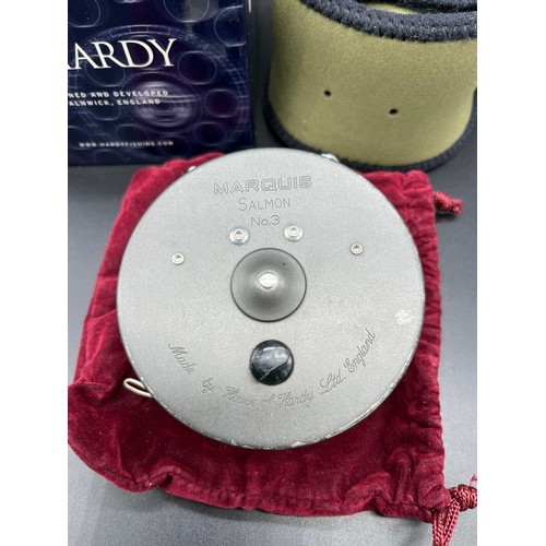 128 - Hardy Bros. 'Marquis' Salmon No.3. Fly reel, line and hardy pouch bag. Comes with a box- not origina... 