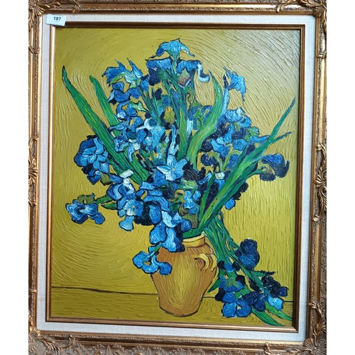 187 - Framed oil painting on canvas depicting flowers in a vase after Van Gogh [79x69cm]