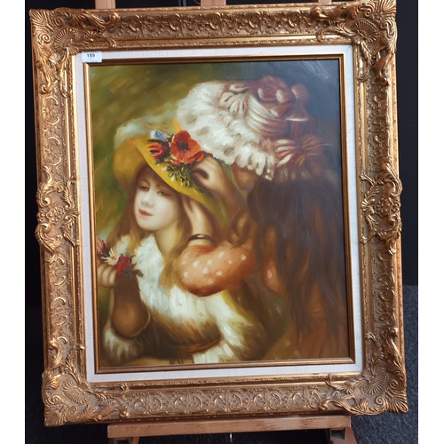 189 - Oil painting 'Renoir painted masterpiece' depicting young girls in a moulded gilt frame [79x69cm]