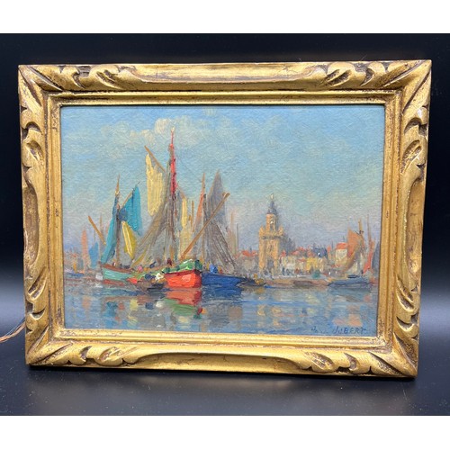 210 - Paul Jobert (1863-1942)
Original oil painting depicting river, sailing boats and harbour. Signed to ... 