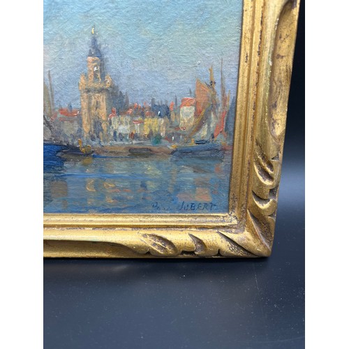 210 - Paul Jobert (1863-1942)
Original oil painting depicting river, sailing boats and harbour. Signed to ... 