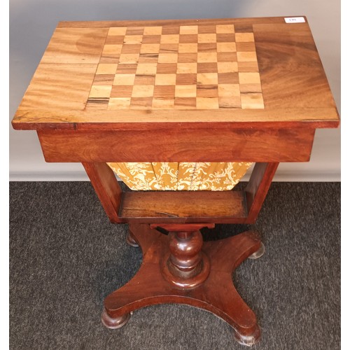 361 - 19th century pedestal games table, the surface with chess board inlay, lifting up to interior storag... 