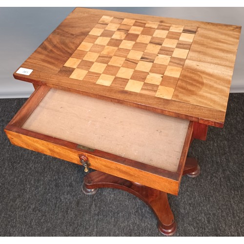 361 - 19th century pedestal games table, the surface with chess board inlay, lifting up to interior storag... 