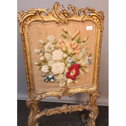 362 - Regency moulded gilt frame fire screen, fitted with floral embroidery, raised on trestle supports [1... 