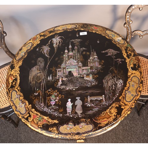 363 - 19th century Chinoiserie mother of pearl and gilt painted papier Mache wood English tilt top table, ... 