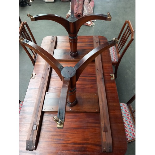 398 - Large antique Mahoghany William Tillman style dining room table, three leaves, two pedestal supports... 