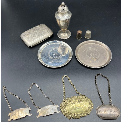 67 - A Selection of silver hallmarked items and various drinks labels. Includes Two Edinburgh silver engr... 