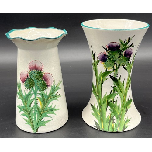 72 - Two antique Wemyss ware vases with hand painted thistle design. [Tallest 15.5cm]