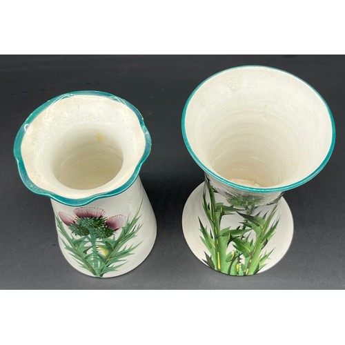 72 - Two antique Wemyss ware vases with hand painted thistle design. [Tallest 15.5cm]