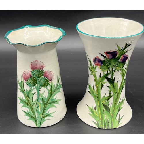 72 - Two antique Wemyss ware vases with hand painted thistle design. [Tallest 15.5cm]