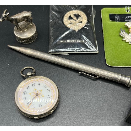 77 - A Selection of silver hallmarked items and pewter brooch. The Lot Includes 935 Swiss silver fob pock... 