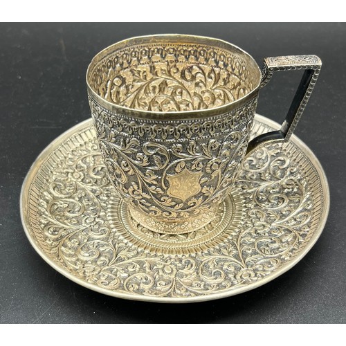 78 - Indian silver highly decorative cup and saucer. [Tested positive silver] [226.18grams]