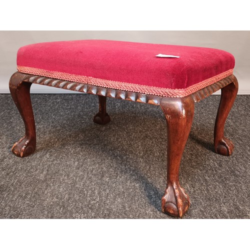 378 - Antique stool, the red upholstered cushioned seat raised on cabriole legs ending in claw and ball fe... 