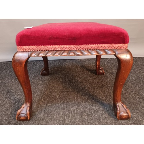 378 - Antique stool, the red upholstered cushioned seat raised on cabriole legs ending in claw and ball fe... 