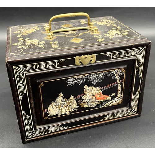 138 - Antique Chinese Mahjong game fitted within an ornate carry case, each panel depicting various figura... 