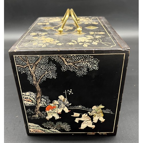 138 - Antique Chinese Mahjong game fitted within an ornate carry case, each panel depicting various figura... 