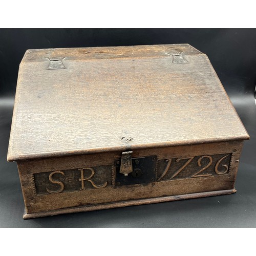 144 - Early 18th century writing slope, hand carved panel to front 'S.R. 1726' [27x49x38cm]