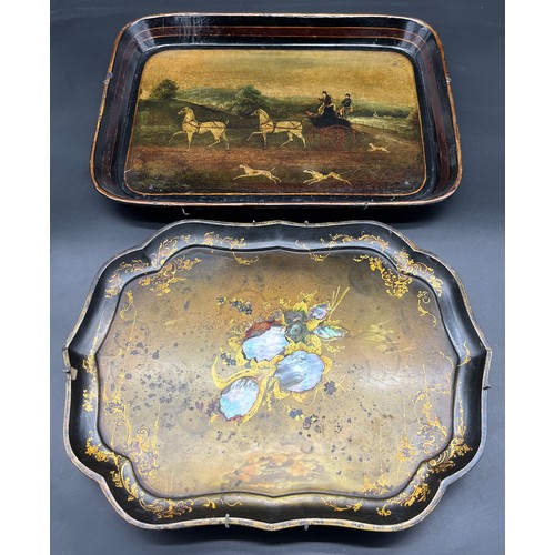 211 - Two 19th century serving trays. Papier Mache lacquered and mother of pearl serving tray. Together wi... 