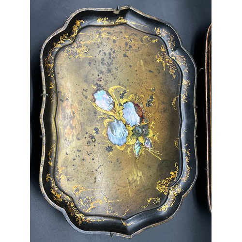 211 - Two 19th century serving trays. Papier Mache lacquered and mother of pearl serving tray. Together wi... 